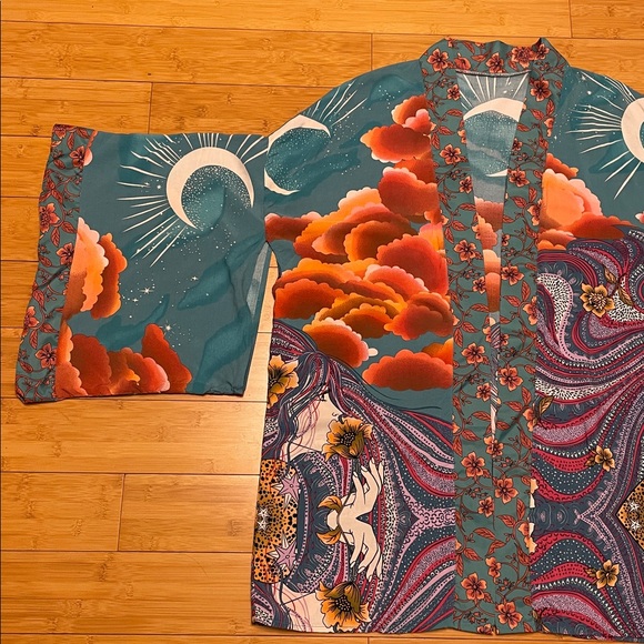 Teal Stargazer Kimono Short Robe Lightweight Cover Up Festival Beach Layer Boho - Picture 15 of 16